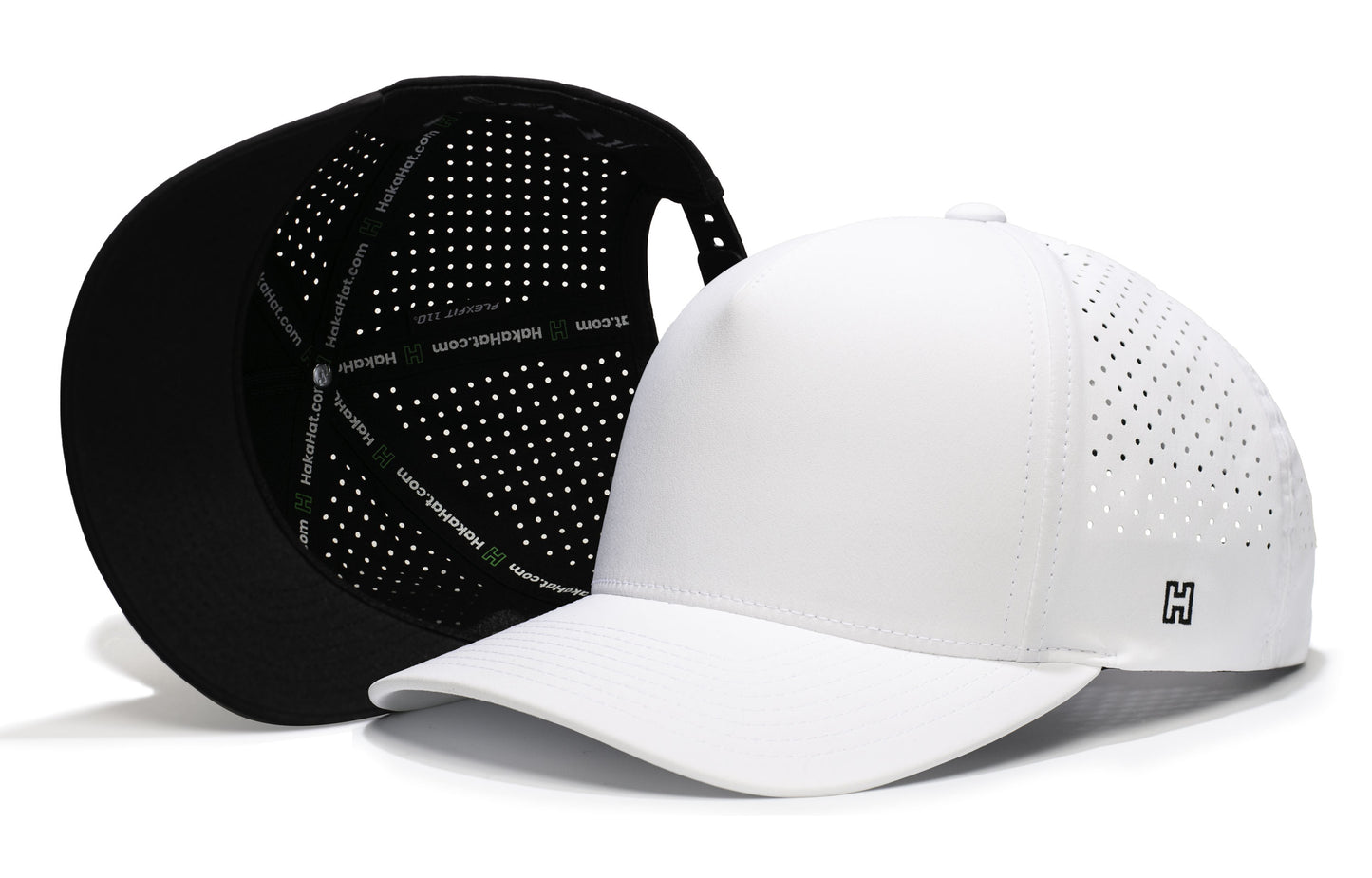 Black and white baseball caps with perforated design on a white background