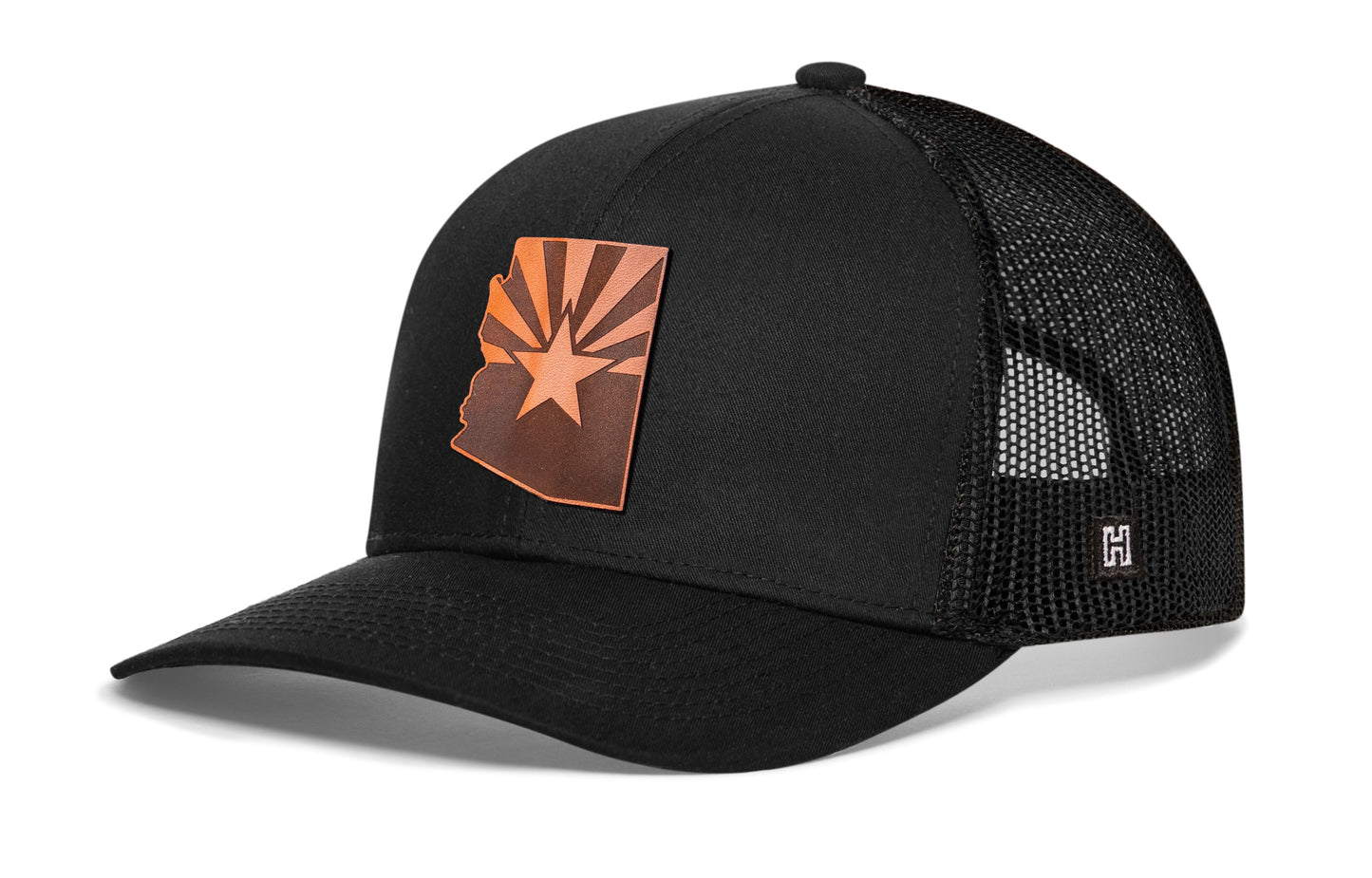 Haka Arizona Flag Trucker Hat Leather, Black snapback, fans of the Grand Canyon State. Copper State