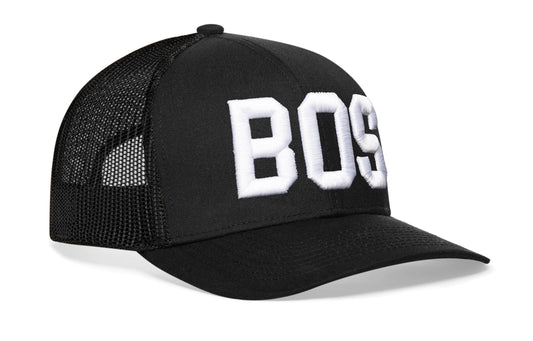 Black trucker hat viewed from the right side, showcasing a BOS 3-D Puff Direct Embroidery prominently displayed on the front