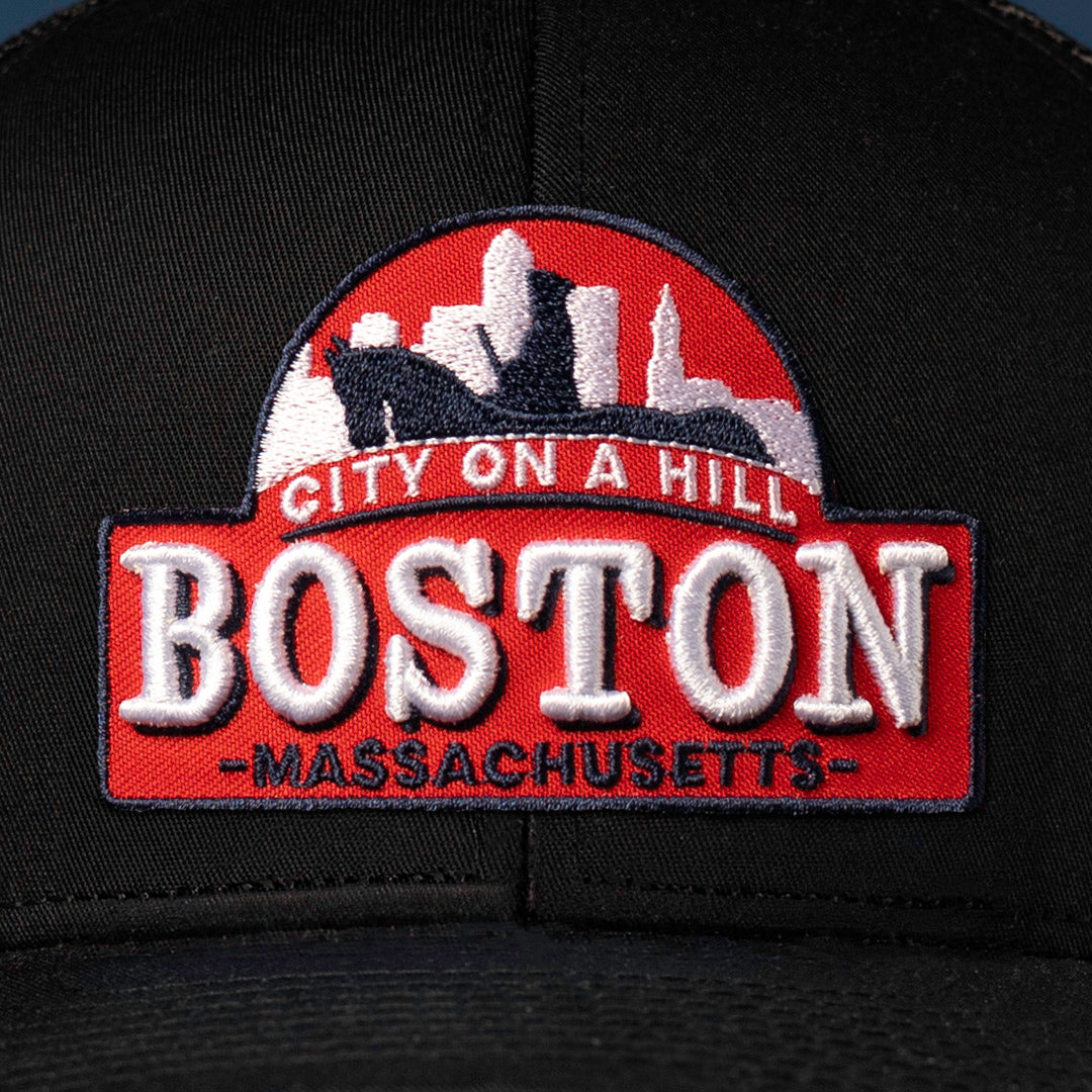 Patch detail showcasing a Boston Cityscape Embroidered Patch up close