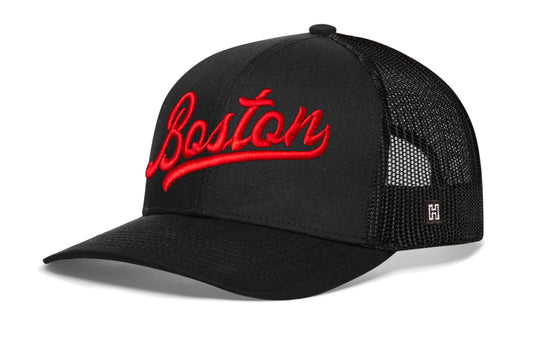 Haka Boston Red Script Trucker Hat, black snapback, fans of the city that always sleeps