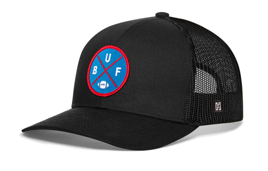 Haka Buffalo trucker hat, black snapback, viewed from the left side. Represent Buffalo football.