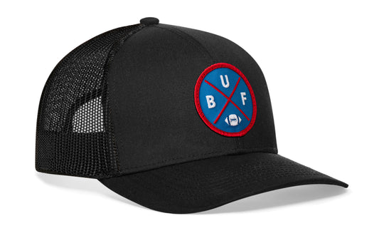 black trucker hat viewed from the right side, showcasing a BUF Football embroidered X patch in royal blue and red prominently displayed on the front