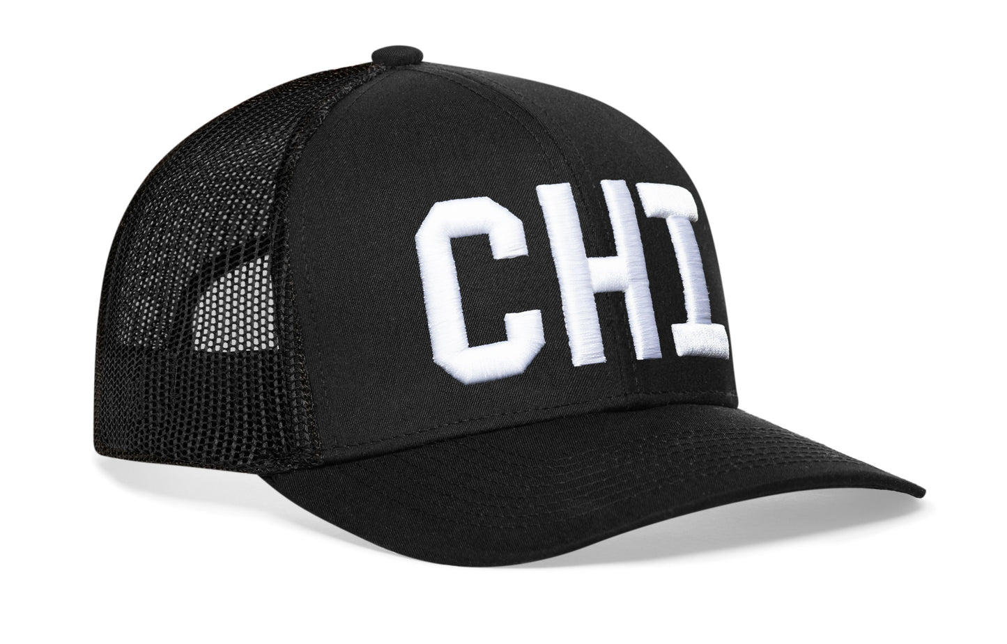 Black trucker hat viewed from the right side, showcasing a White "CHI" Puff Embroidery Block prominently displayed on the front