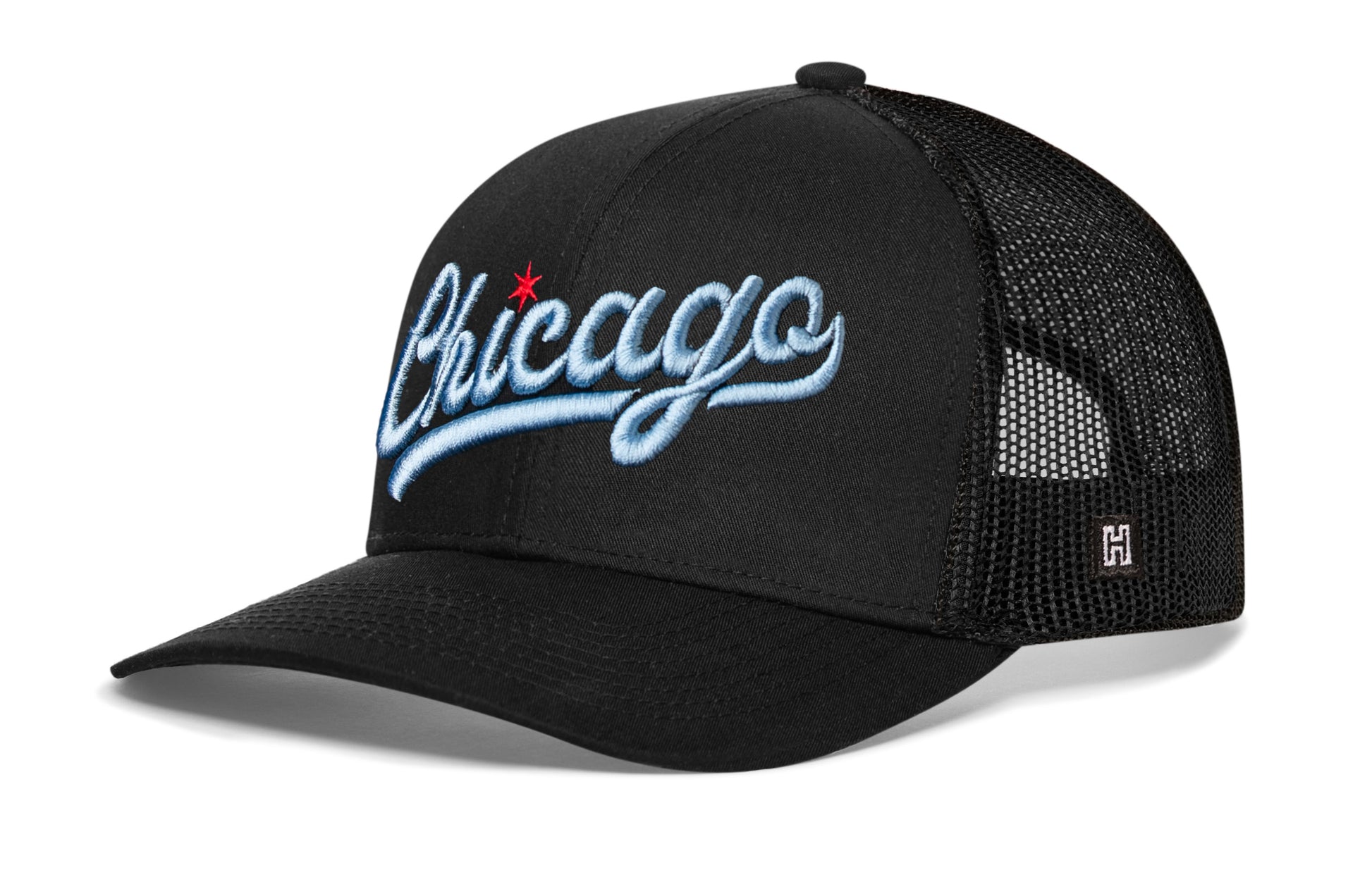 Haka Chicago Script Trucker Hat, black snapback, Chicagoans and fans of the Windy City