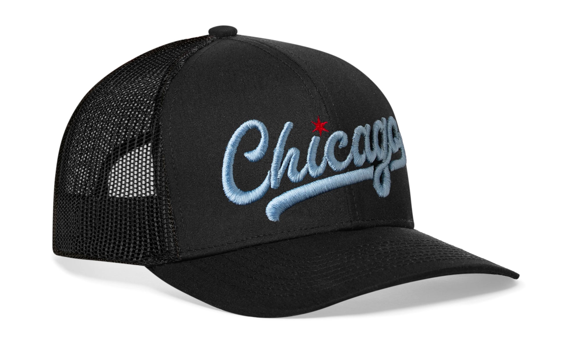 black trucker hat viewed from the right side, showcasing a "Chicago" Script with Red Star 3D Embroidery prominently displayed on the front.