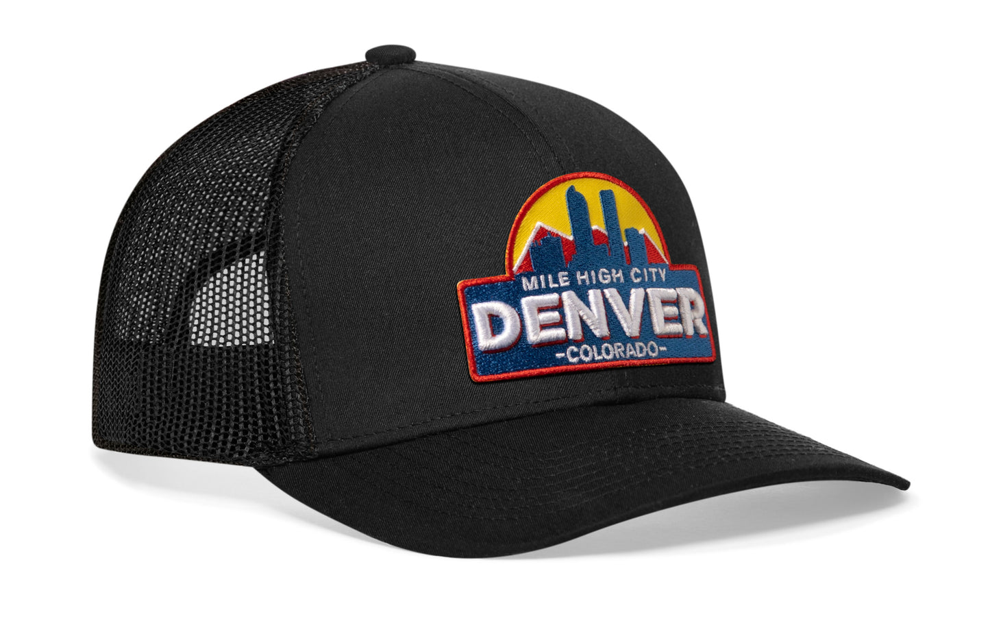 Black trucker hat viewed from the right side, showcasing a Denver Cityscape Embroidered Patch prominently displayed on the front