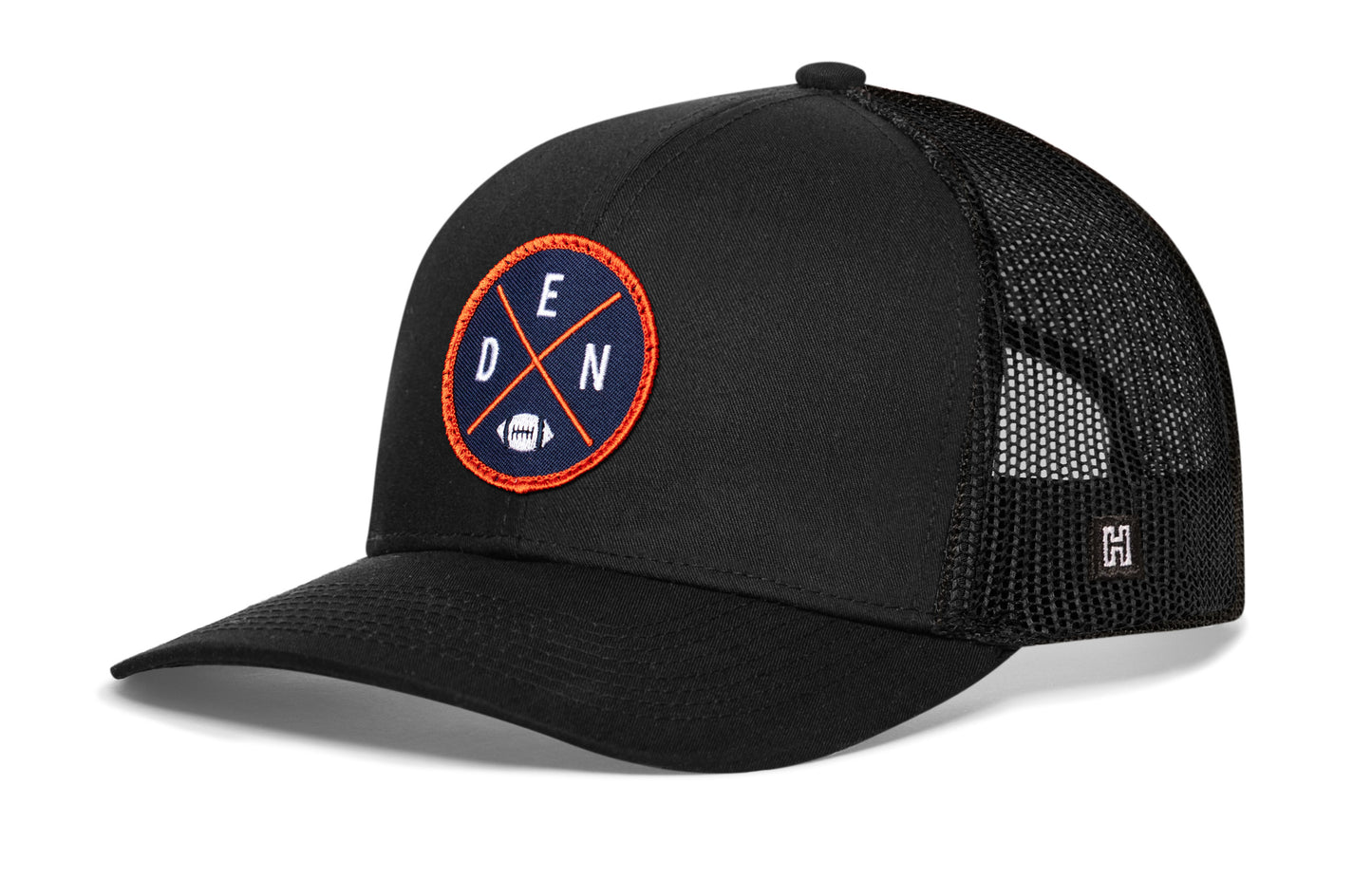 Haka Denver trucker hat, black snapback, viewed from the left side. Represent Denver football.