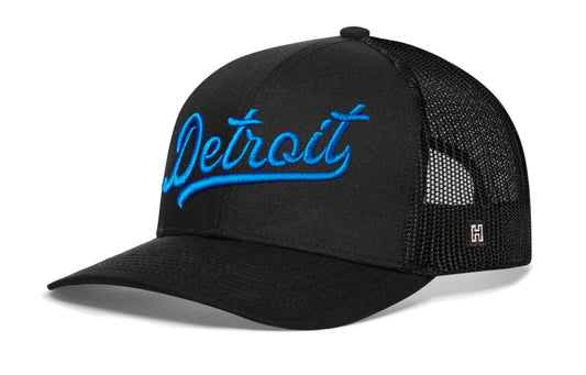 Haka Detroit Blue Script Trucker Hat, black snapback, fans of The Motor City