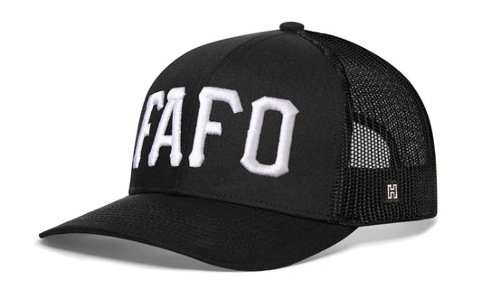 Haka FAFO Trucker Hat, black snapback, rebels and renegades. Play stupid games, win stupid prizes.