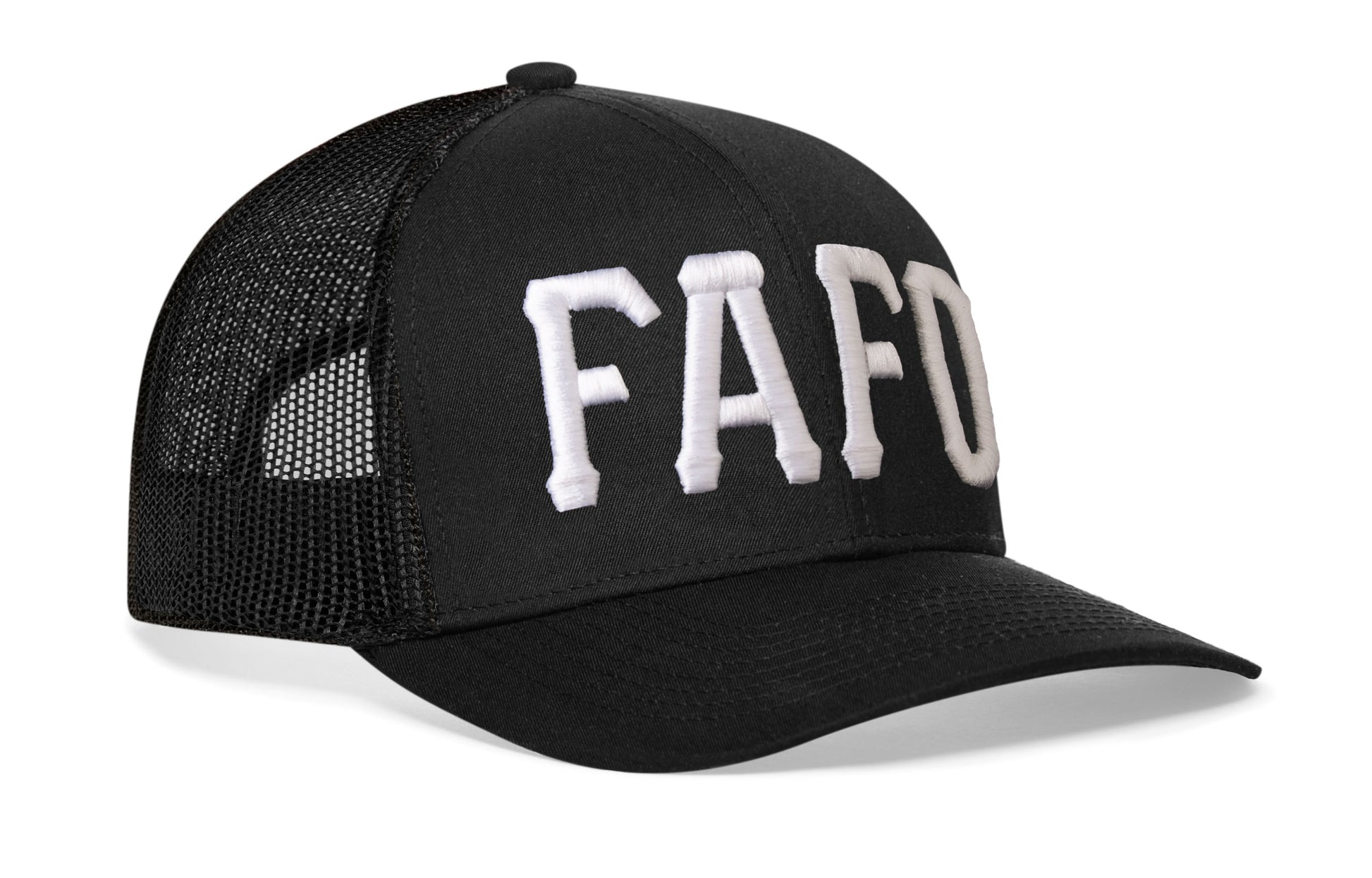 black trucker hat viewed from the right side, showcasing a White 'FAFO' Puff Embroidery 3D Embroidery prominently displayed on the front