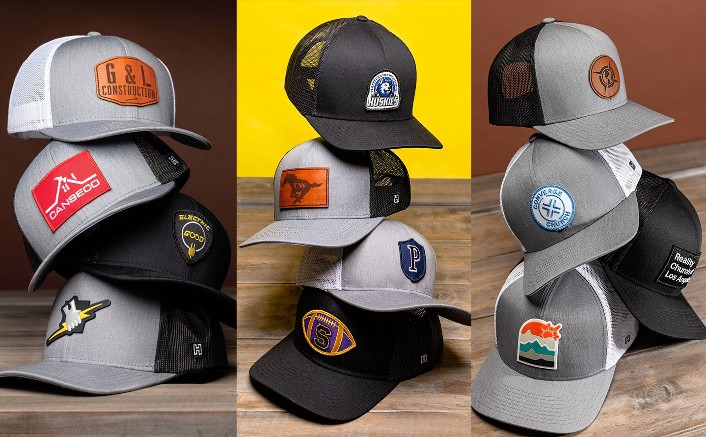 Stacks of Haka Custom Order Trucker Hats ranging from churches, schools, trades, and businesses on a colorful brown, yellow, and wood textured background.