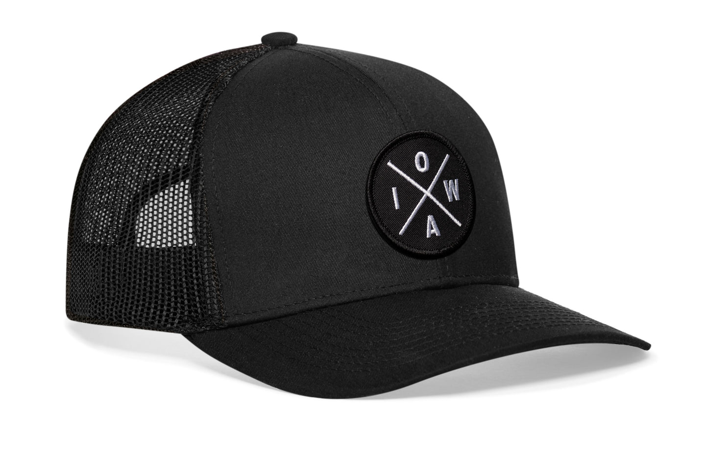 Black trucker hat viewed from the right side, showcasing a IOWA X Embroidered Circle Patch prominently displayed on the front