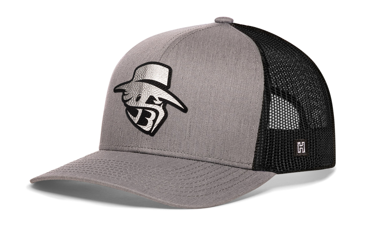 Gorra JBR con logotipo plateado | Gorra snapback de cuero metalizado gris y negro