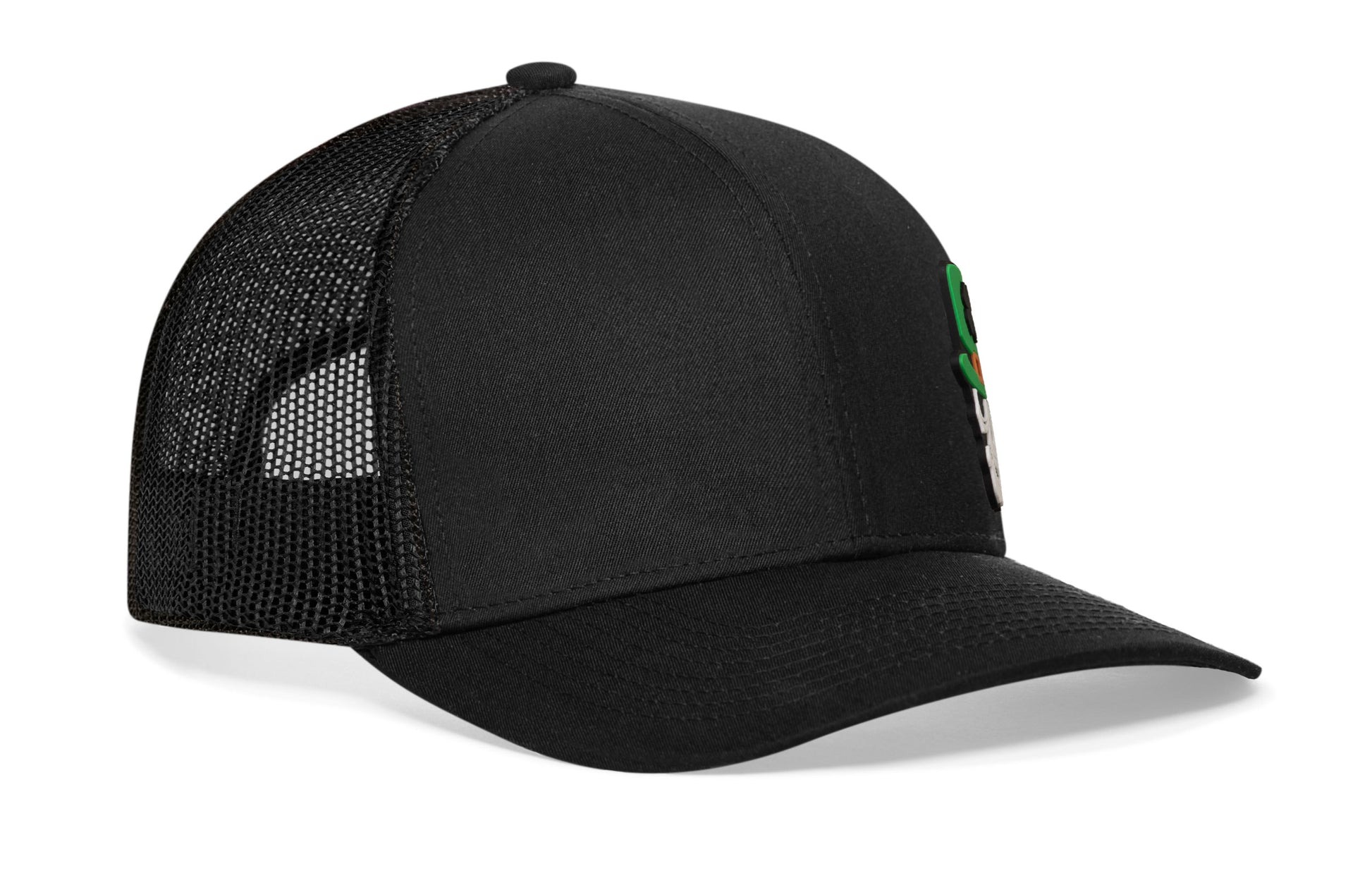 Black trucker hat viewed from the right side, showcasing a Kiss me I'm Irish Puff Embroidered Circle Patch prominently displayed on the front