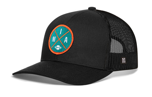Haka Miami trucker hat, black snapback, viewed from the left side. Represent Miami football.