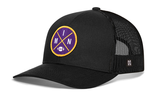 Haka Minnesota trucker hat, black snapback, viewed from the left side. Represent Minnesota football.