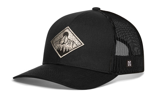 Haka Mountains and Trees Trucker Hat Silver Faux Leather, Black snapback for fans of nature. The Wilderness.