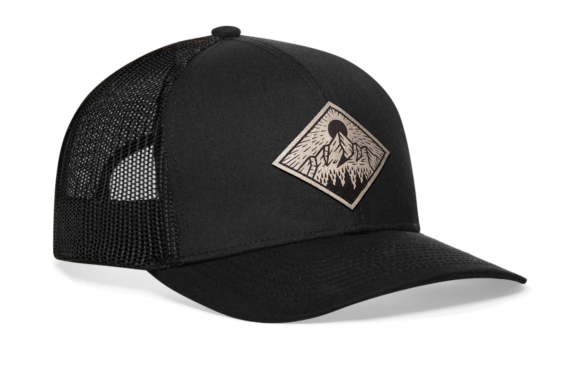 Black trucker hat viewed from the right side, showcasing a Mountains and Trees Silver Faux Leather Black Outdoors Leather (Faux) prominently displayed on the front