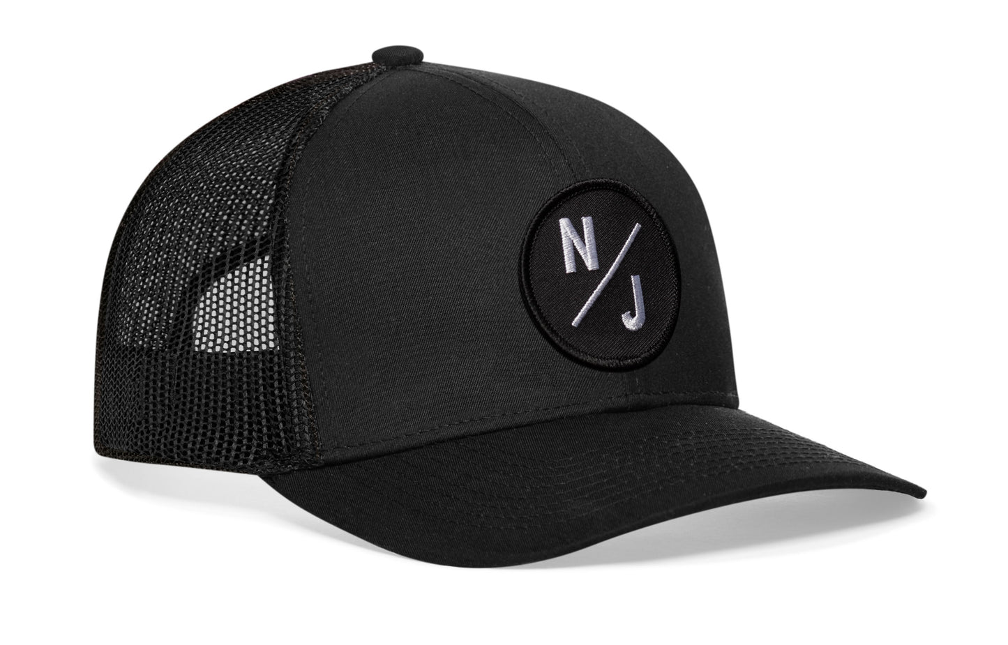 Black trucker hat viewed from the right side, showcasing a New Jersey NJ X Embroidered Circle Patch prominently displayed on the front