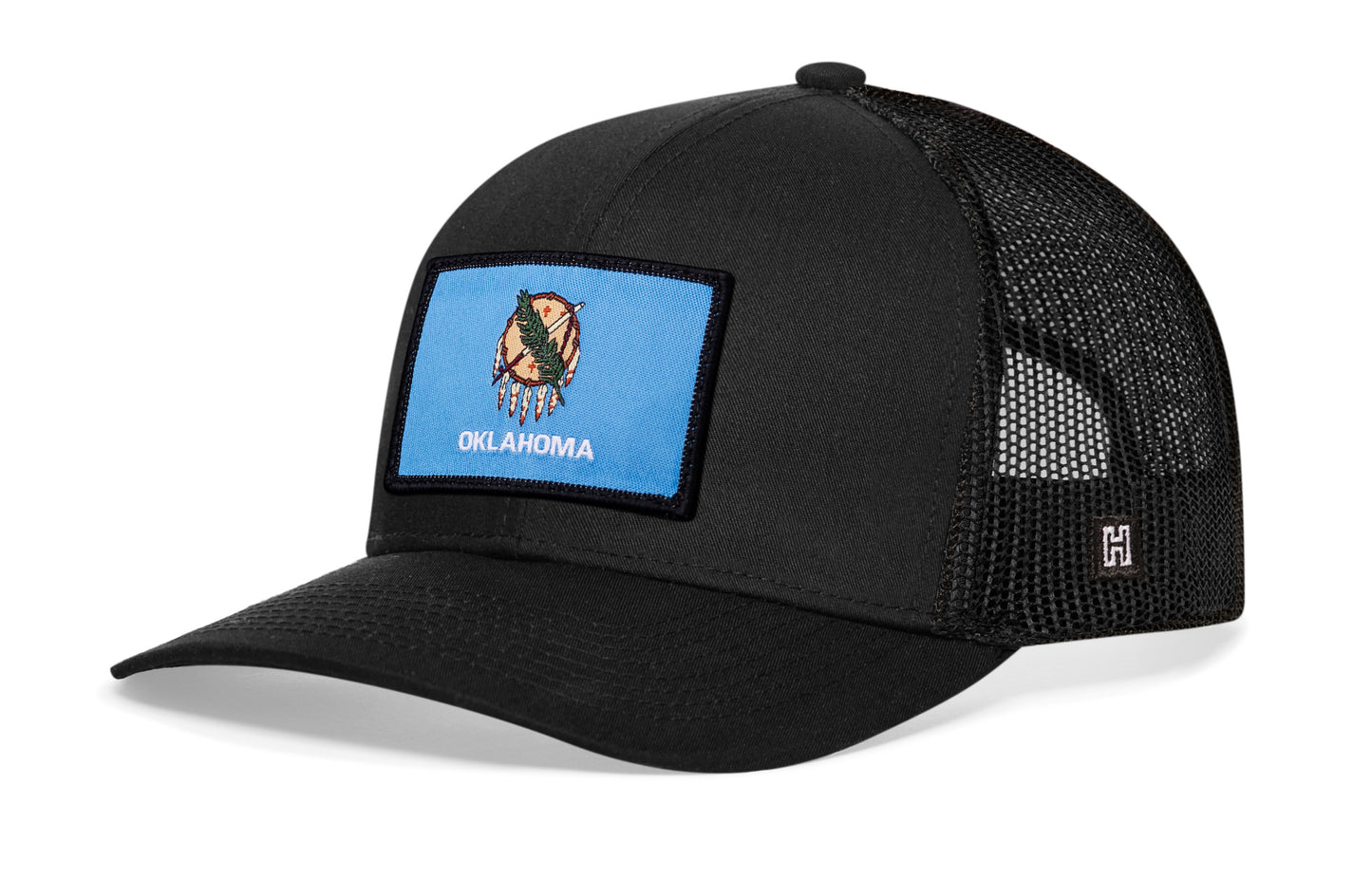 Haka Oklahoma Flag Trucker Hat, Black snapback, fans of OKC. The Panhandle State & Native America.