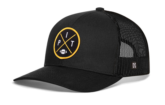 Haka Pittsburgh trucker hat, black snapback, viewed from the left side. Represent Pittsburgh football.