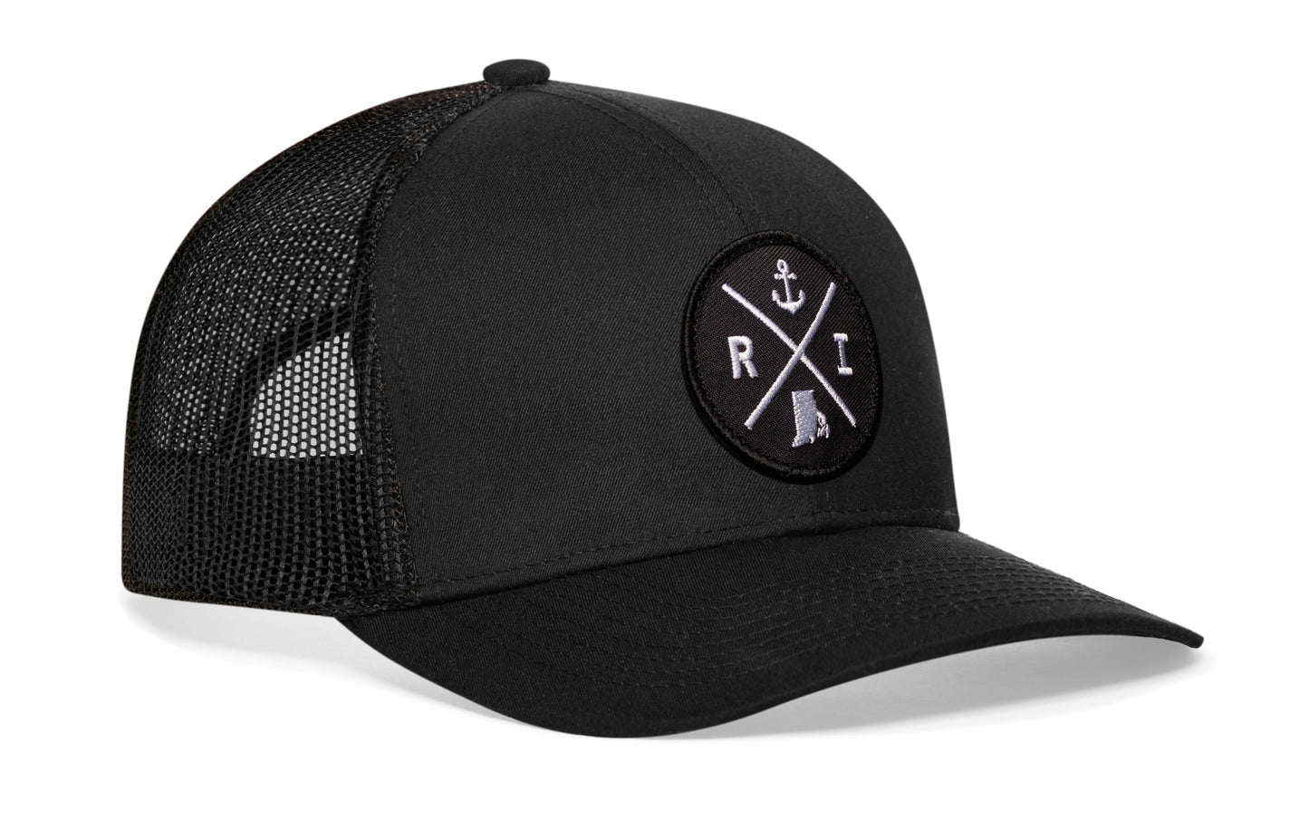 Black trucker hat viewed from the right side, showcasing a Rhode Island RI Embroidered X patch prominently displayed on the front