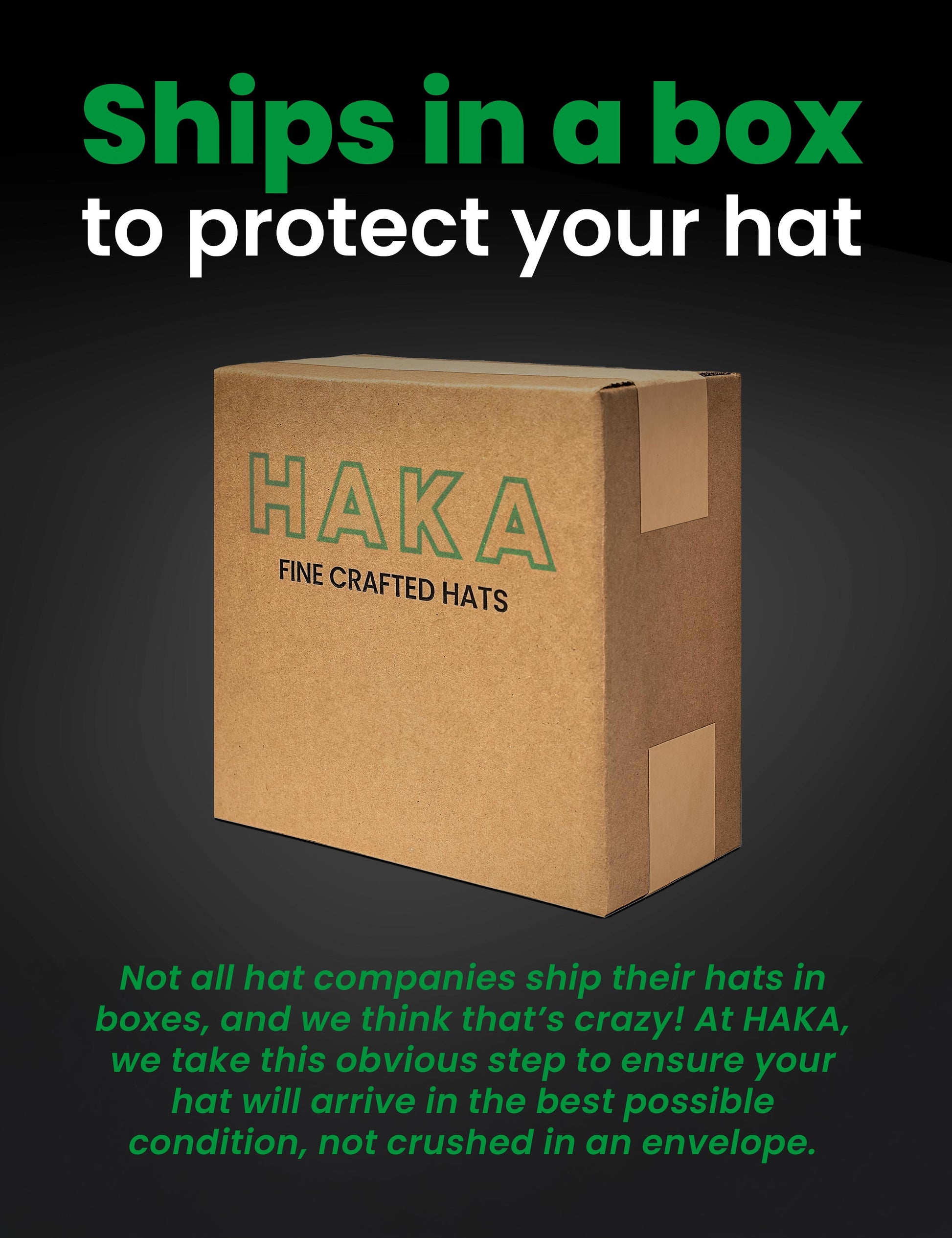 Haka shipping box showcasing its sturdy design, with text emphasizing that all orders are shipped in a box for ultimate protection