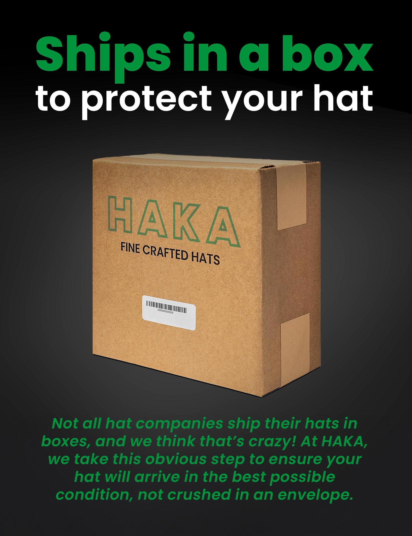 Shipping box showcasing its sturdy design, with text emphasizing that all orders are shipped in a box for ultimate protection