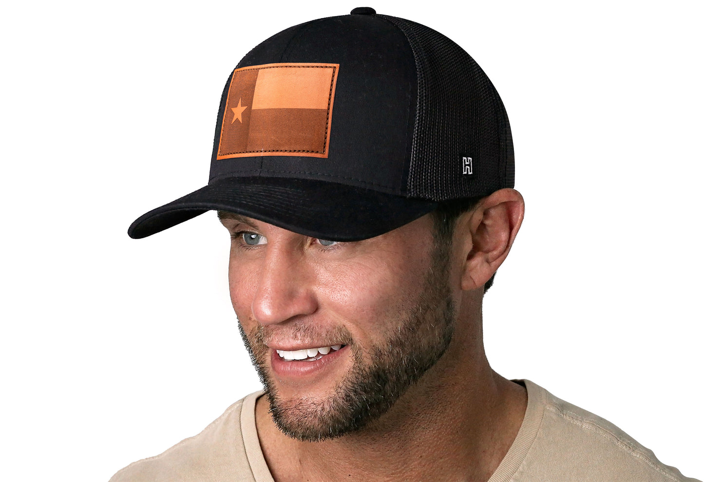 Gorra de camionero de cuero con la bandera de Texas | Gorra snapback negra de Texas