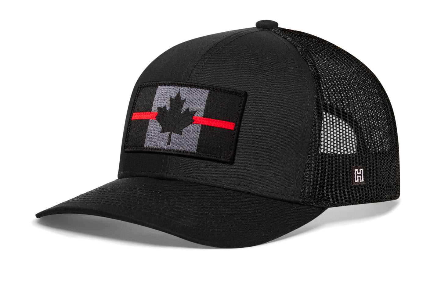 Haka Thin Red Line Canadian Flag, black snapback, firefighters, first responders, and patriots