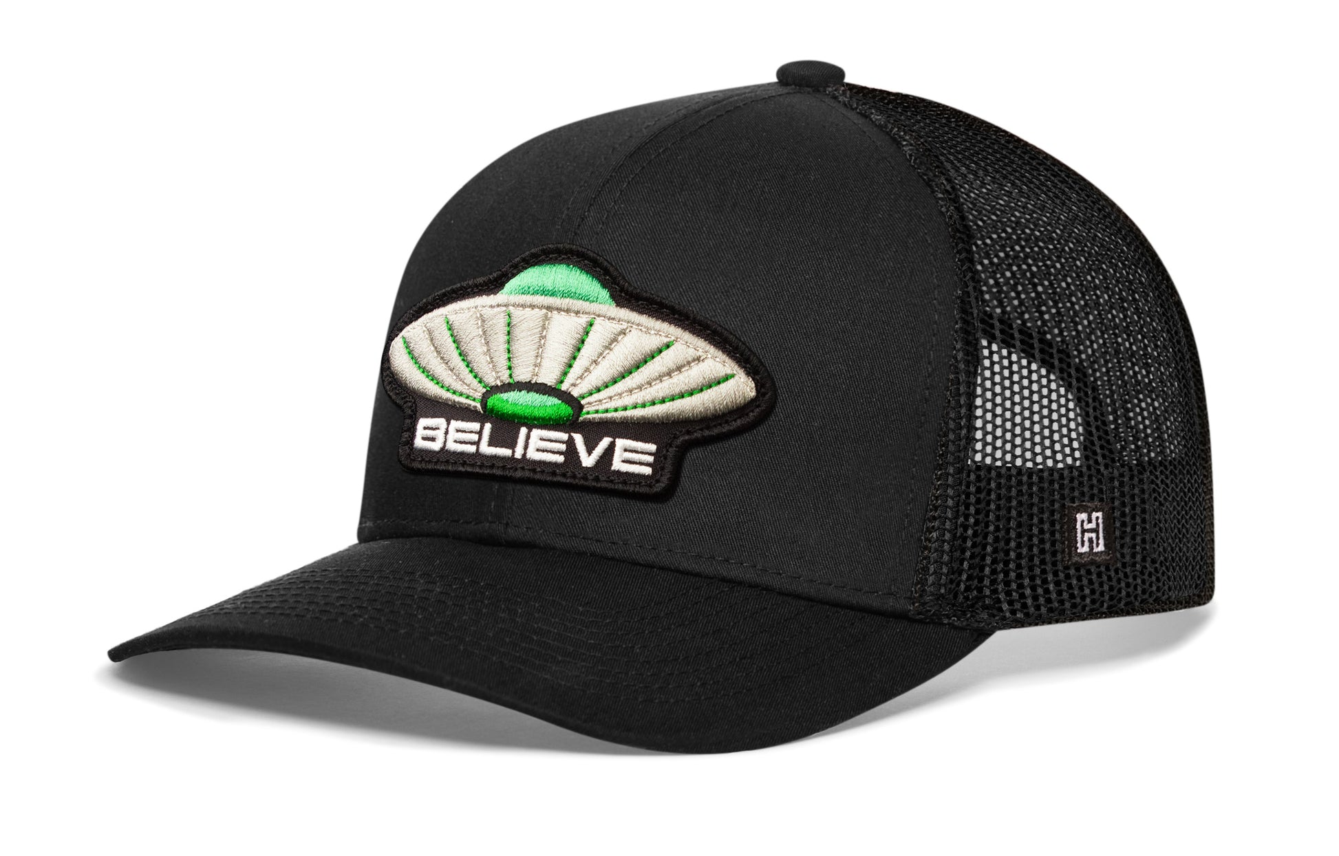 Haka UFO Believe Trucker Hat, black snapback, extraterrestrial enthusiasts