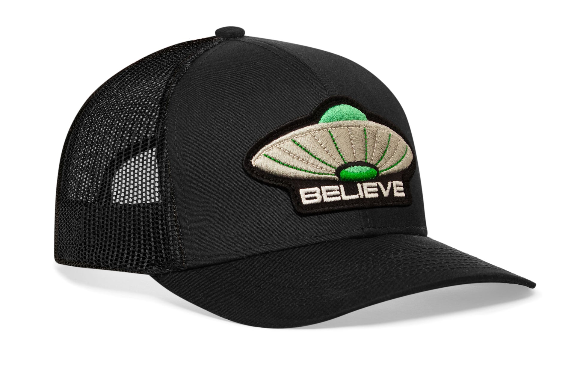 black trucker hat viewed from the right side, showcasing a UFO 'Believe' Puff Embroidery Patch 3D Embroidery Cut-To-Shape Patch prominently displayed on the front