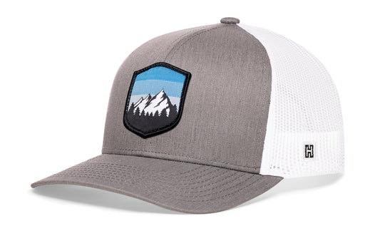 Gorra de camionero Mountains and Sky | Gorra snapback gris y blanca para exteriores