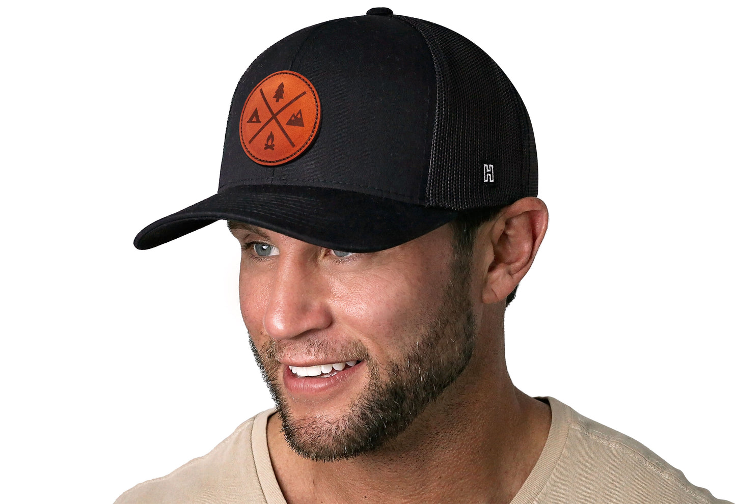 Gorra de camionero Outdoor X de cuero | Gorra de camping negra tipo snapback