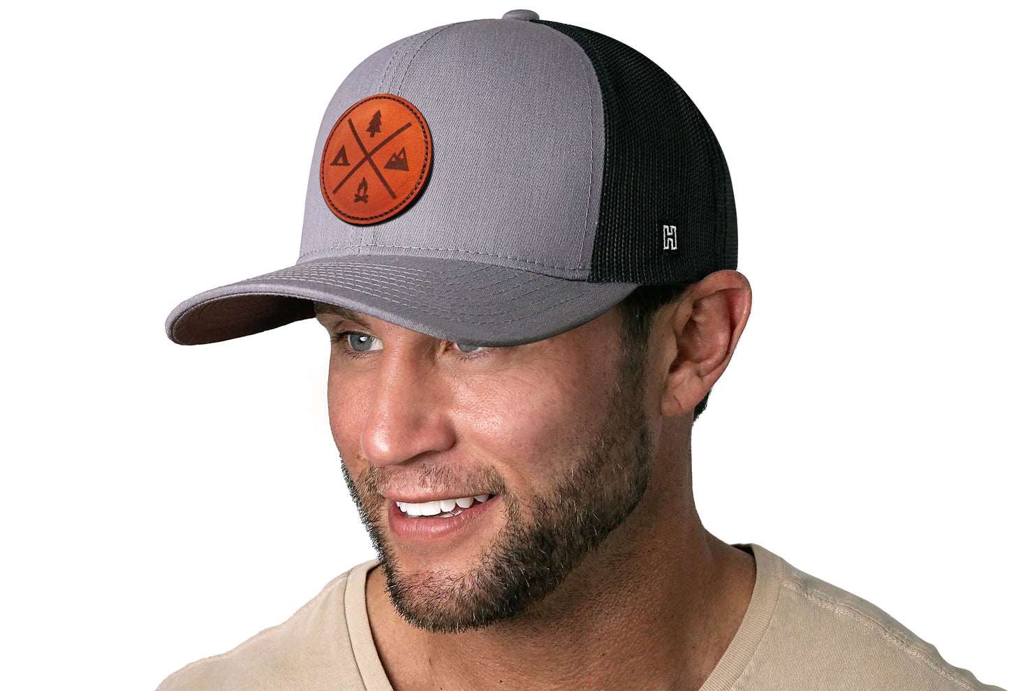 Gorra de camionero Outdoor X de cuero | Gorra de camping gris y negra tipo snapback