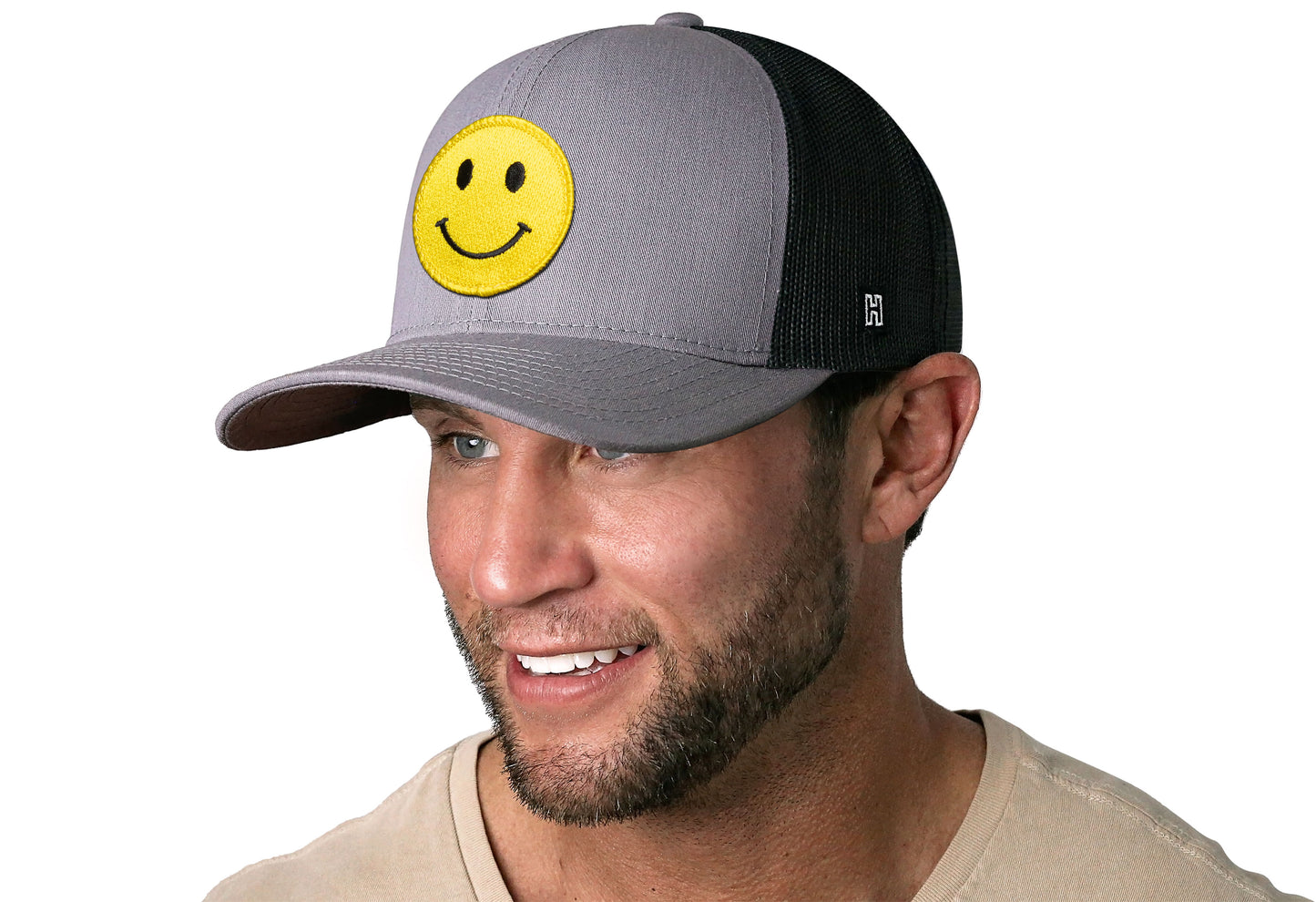 Smiley Face Trucker Hat | Gray Black Emoji Snapback