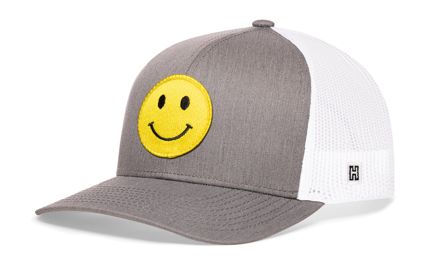 Smiley Face Trucker Hat | Gray White Emoji Snapback