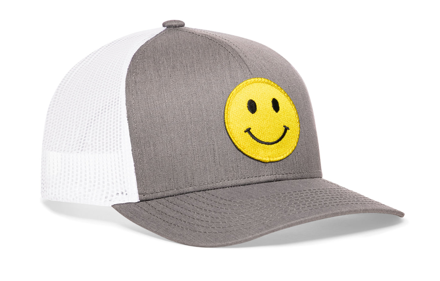 Smiley Face Trucker Hat | Gray White Emoji Snapback