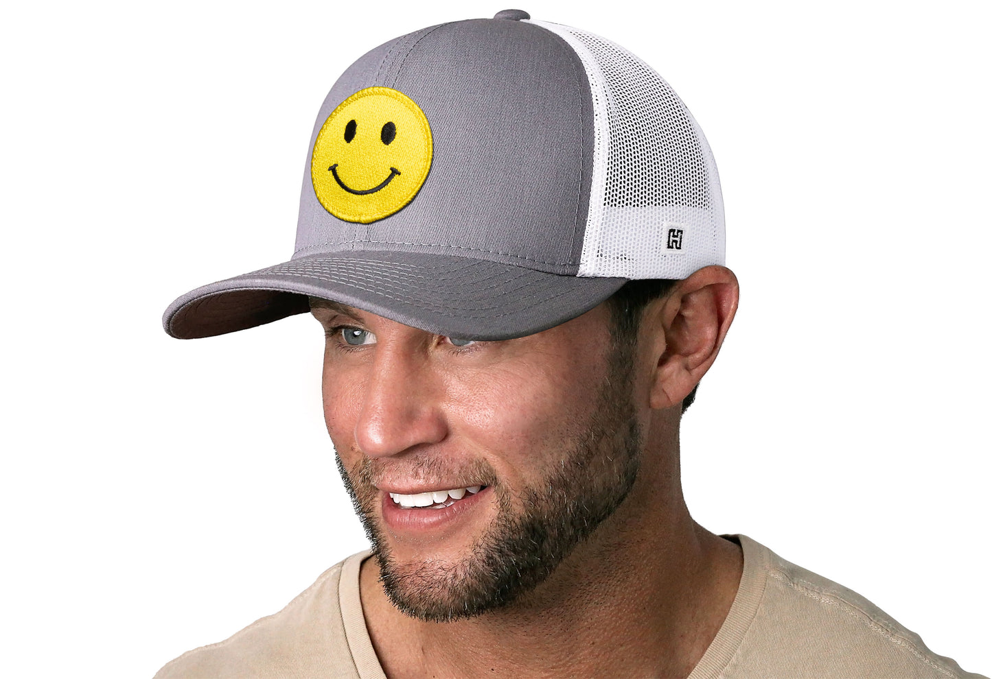 Smiley Face Trucker Hat | Gray White Emoji Snapback
