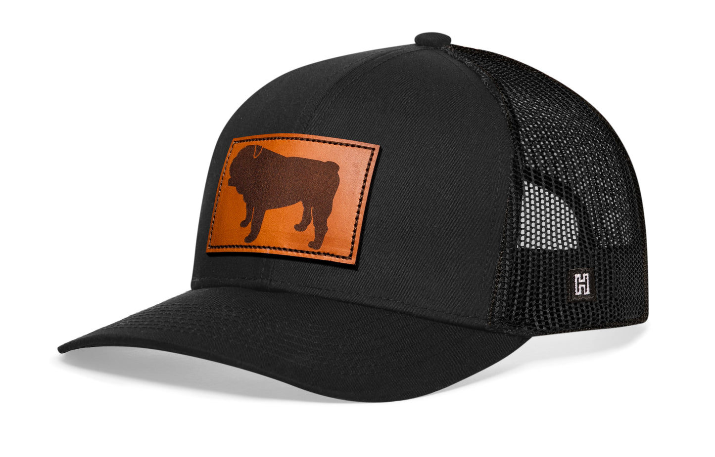 Gorra de camionero de cuero con diseño de bulldog inglés | Gorra snapback negra con diseño de perro