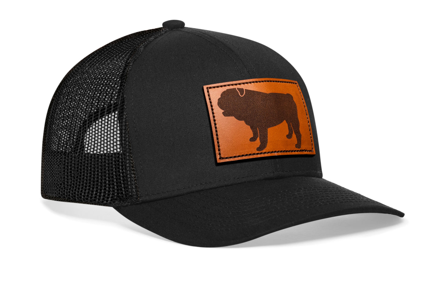 Gorra de camionero de cuero con diseño de bulldog inglés | Gorra snapback negra con diseño de perro