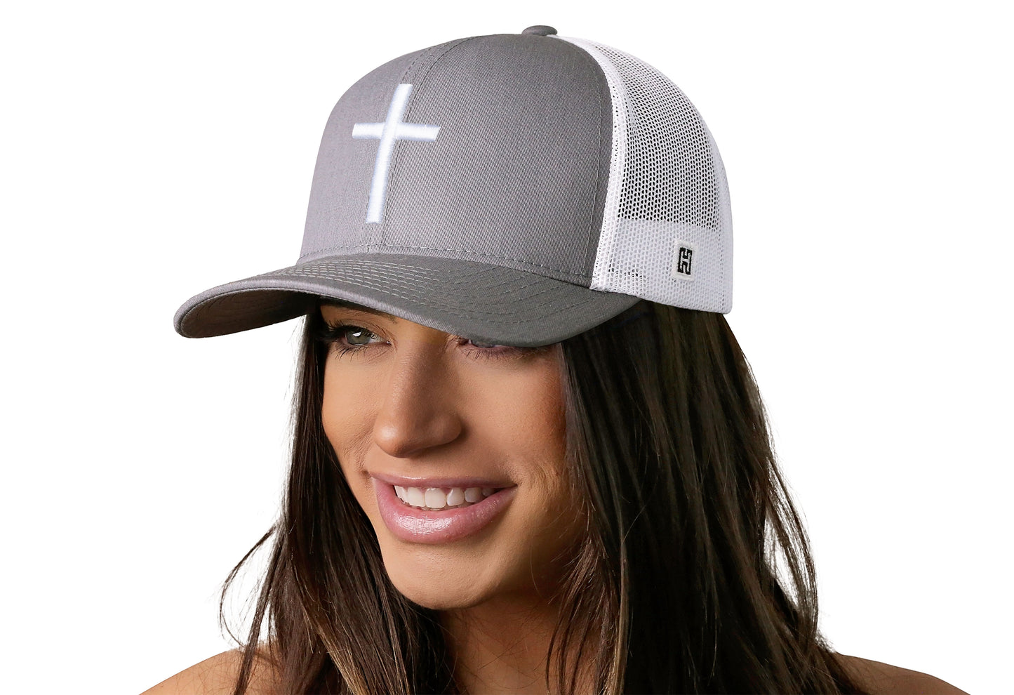 Gorra de camionero con cruz | Gorra snapback abullonada 3D cristiana gris y blanca