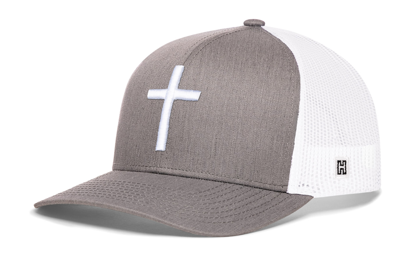 Gorra de camionero con cruz | Gorra snapback abullonada 3D cristiana gris y blanca
