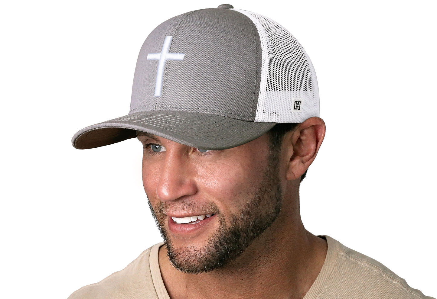 Gorra de camionero con cruz | Gorra snapback abullonada 3D cristiana gris y blanca