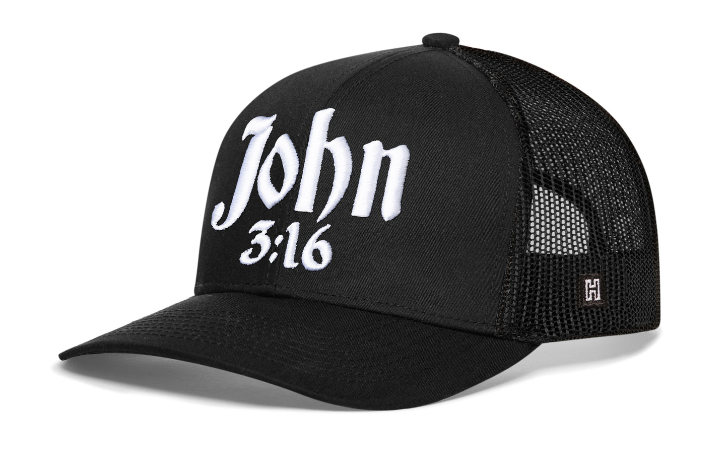 Gorra de camionero con el lema Juan 3:16 | Gorra negra cristiana 3D con diseño abullonado