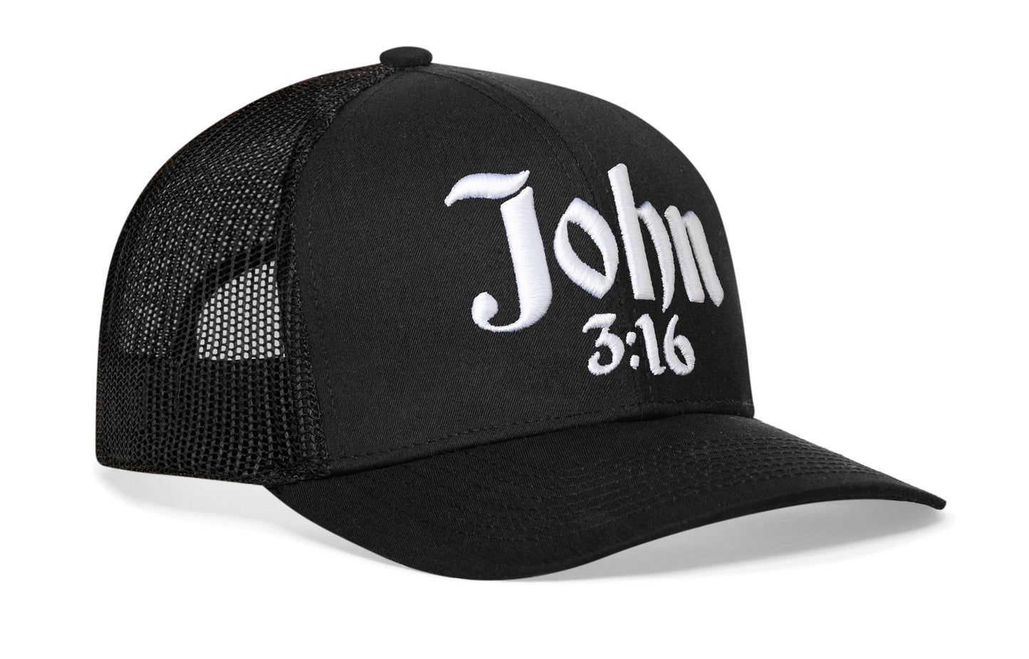 Gorra de camionero con el lema Juan 3:16 | Gorra negra cristiana 3D con diseño abullonado