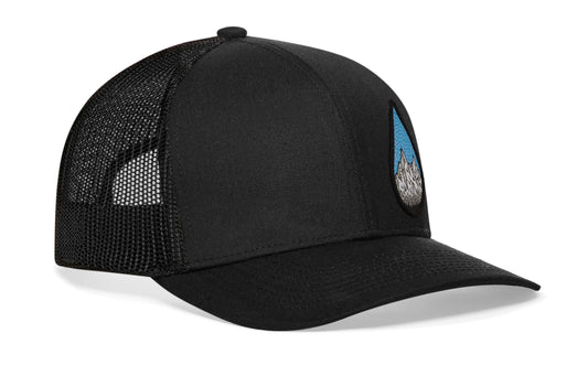 Gorra de camionero con diseño de montañas y árboles y gotas de lluvia | Gorra snapback negra para exteriores
