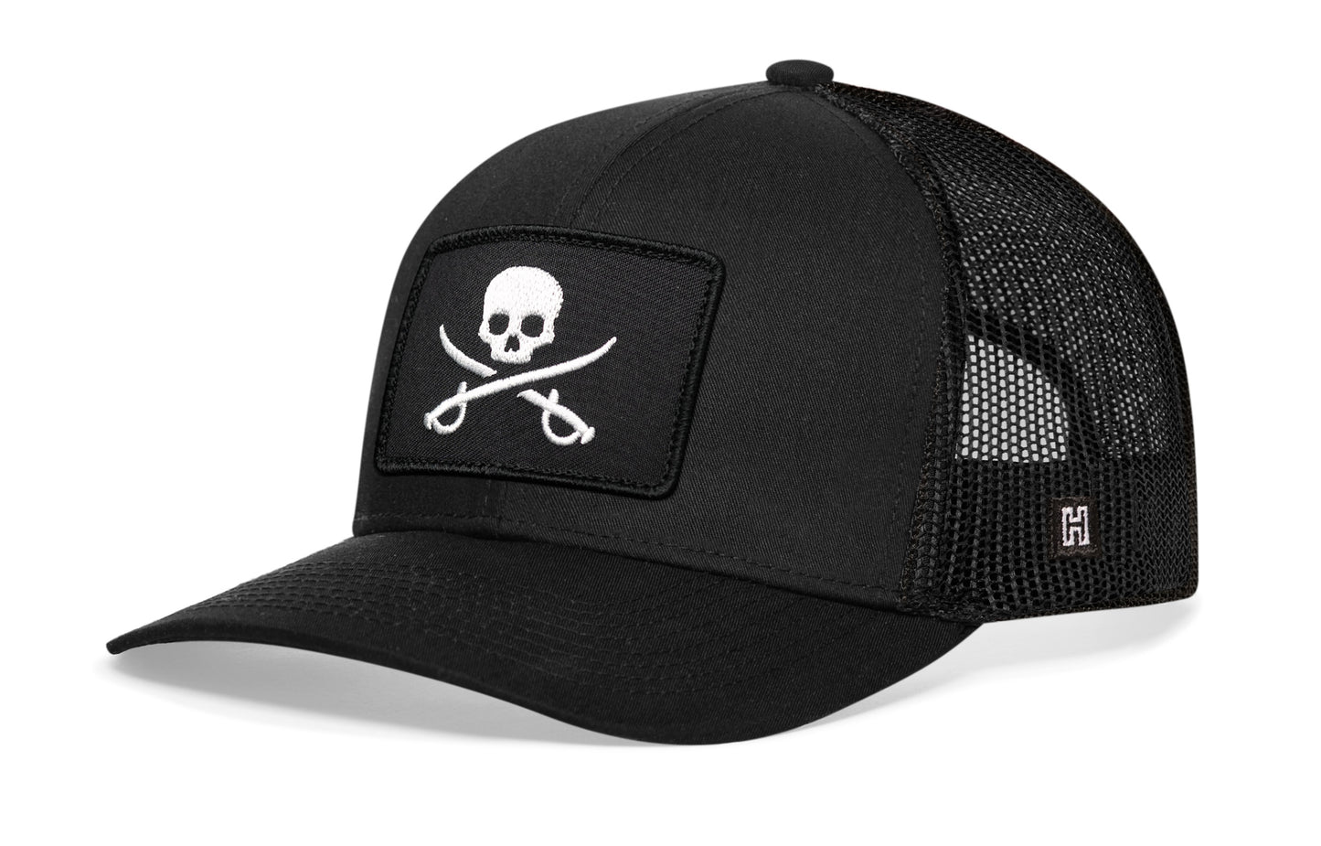 Gorra de camionero con bandera pirata | Gorra negra tipo snapback con bandera de Jolly Roger
