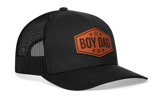 Boy Dad Leather Trucker Hat  |  Black Snapback